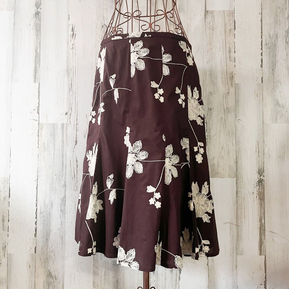 Brown Boho Skirt Embroidered Floral 10 Cottagecore Festival Office Casual Cotton